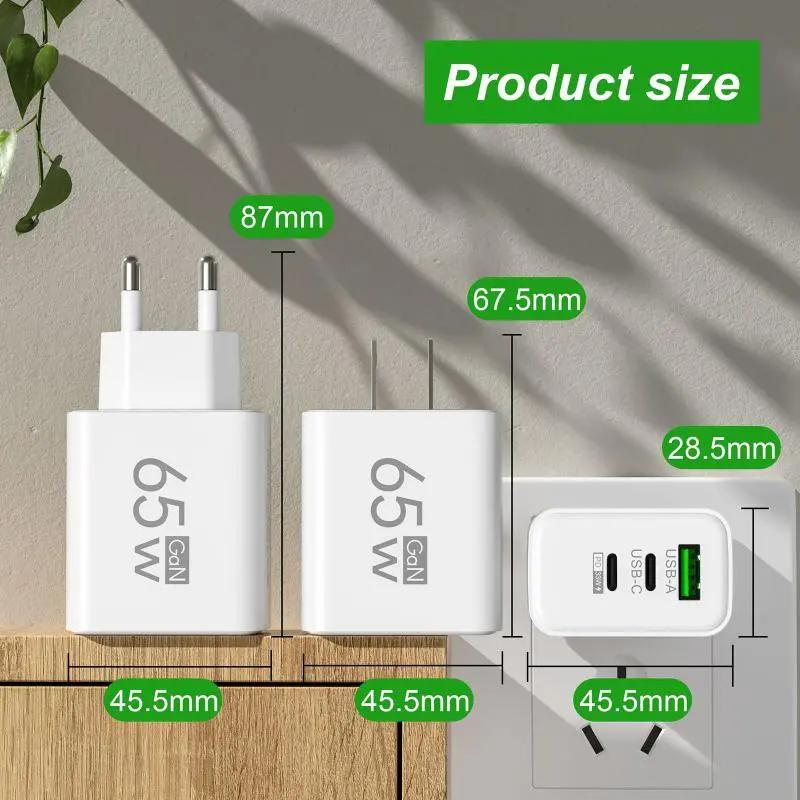 Bộ Sạc Tường 65W GaN Nhanh Chóng EU Cắm Kép USB C & USB A Cho Điện Thoại Máy Tính Xách Tay Máy Tính Bảng Du Lịch Ngoài Trời