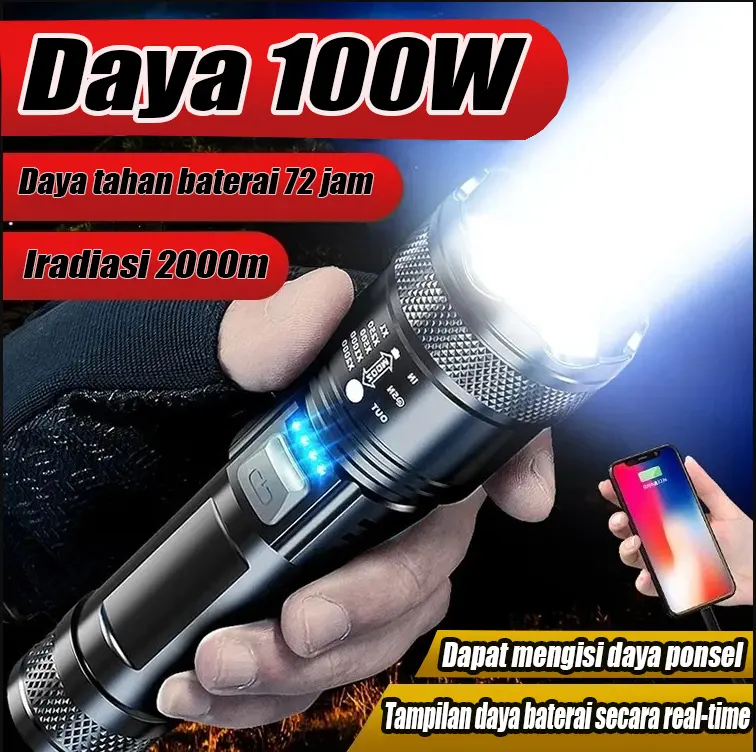 Senter Portabel LED Super Terang, 200M, Tahan Air IP5, Senter 908 Tahan Lama Lampu Putih, Senter Bank Daya Nyaman senter Senter Led Multifungsi lampu  sorot senter  transparan Senter Cahaya