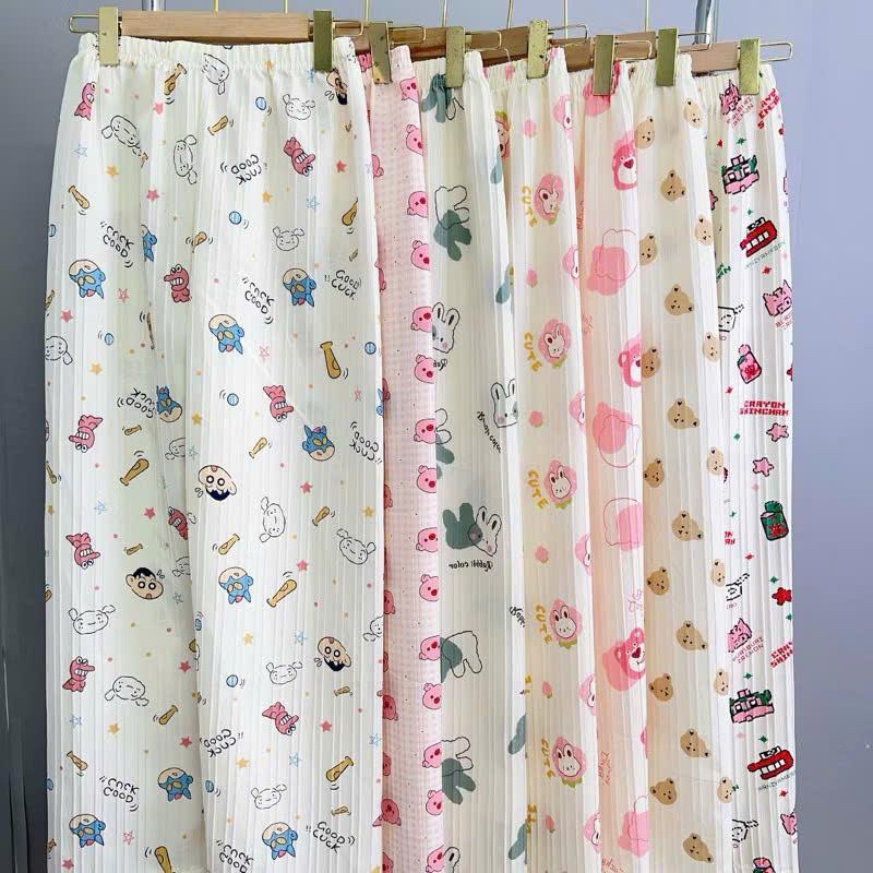 Quần dài hoạt hình gân xốp, quần ống rộng mặc nhà họa tiết dễ thương