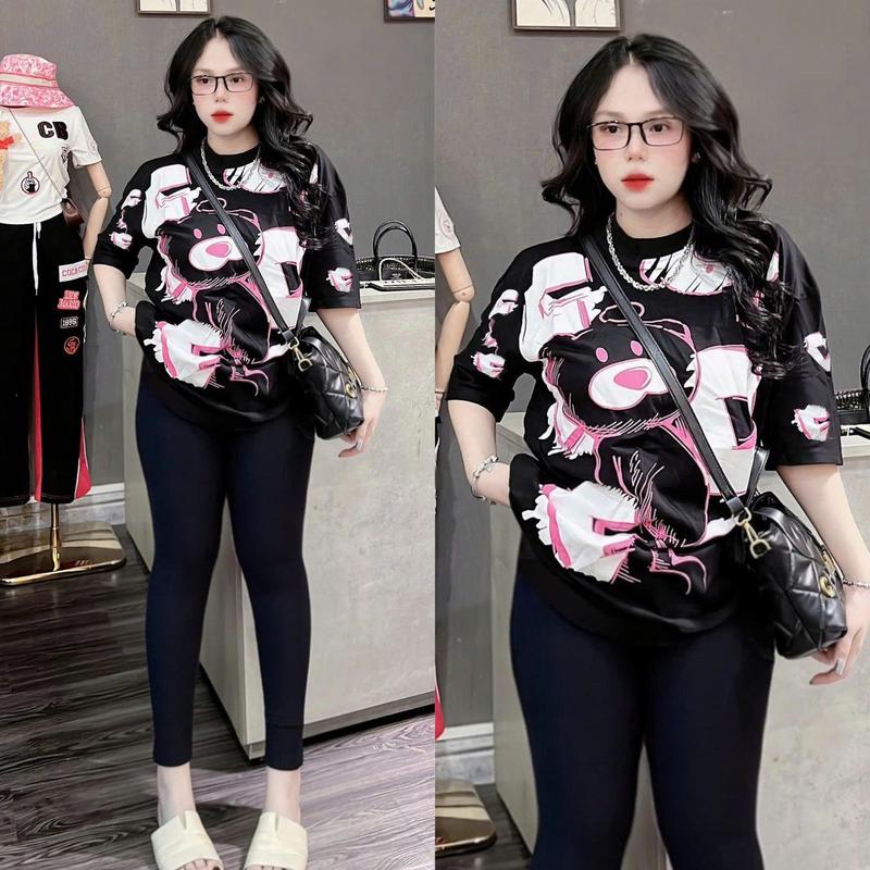  { Chất Liệu Gân Tăm } Set Đồ Bộ Nữ Quần Ôm Dáng Thể Thao + Áo Phối Hình In Dễ Thương Bigsize 45-90KG TOP NU 