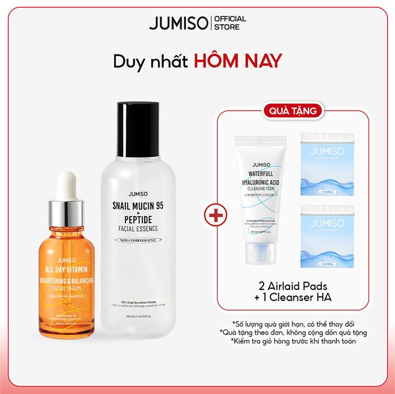 Bộ Đôi JUMISO Dưỡng Ẩm và Dưỡng Trắng Hiệu Quả Soothe & Brighten Duo 140ml 30ml Glass Skin Tinh chất dưỡng da Ốc sên JUMISO Snail Mucin 95 + Peptide và Tinh chất JUMISO All Day Vitamin Brightening & Balancing Serum - Dưỡng Sáng Da Rạng Rỡ