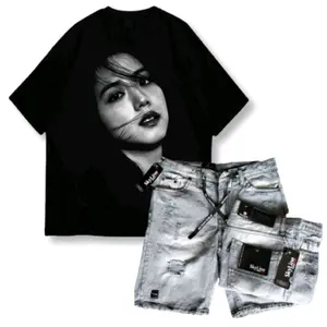 Setelan Terbaru Kaos Distro Ji Soo Dan Celana Pendek Sobek Jeans Premium