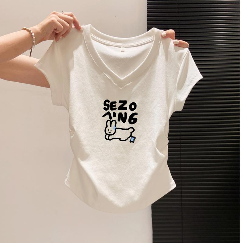 Áo Thun Nữ Cổ V Chất Xược Thắt Eo Dáng Ôm in hình NEONVN - Áo Thun Cổ Tim dây rút dáng vừa chất thun xượt mềm mại