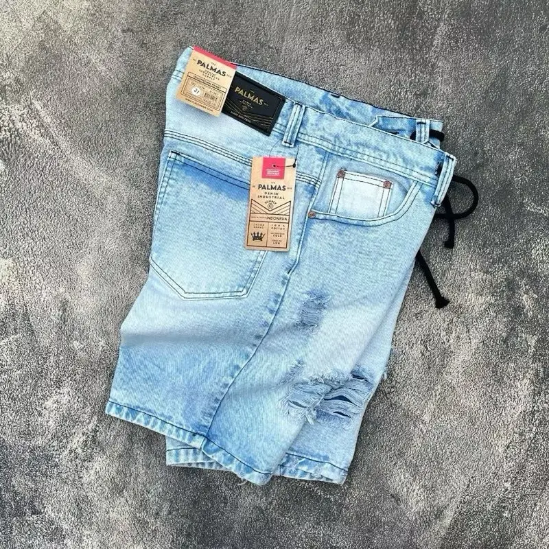 Palmas + Celana pendek sobek jeans + celana pendek jeans + celana robek + celana pendek sobek + celana distro + celana santai Dewasa Shorts Pria Denim Tebal Nyaman 2