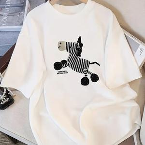 女性用半袖Tシャツ、かわいいシマウマプリントの丸首、ゆったり、純綿のカジュアルな上着、丸首、ショルダーベルト、ゆったりとしたシルエット、通気性、肩落ちデザインのプリントTシャツ夏のゆったり」