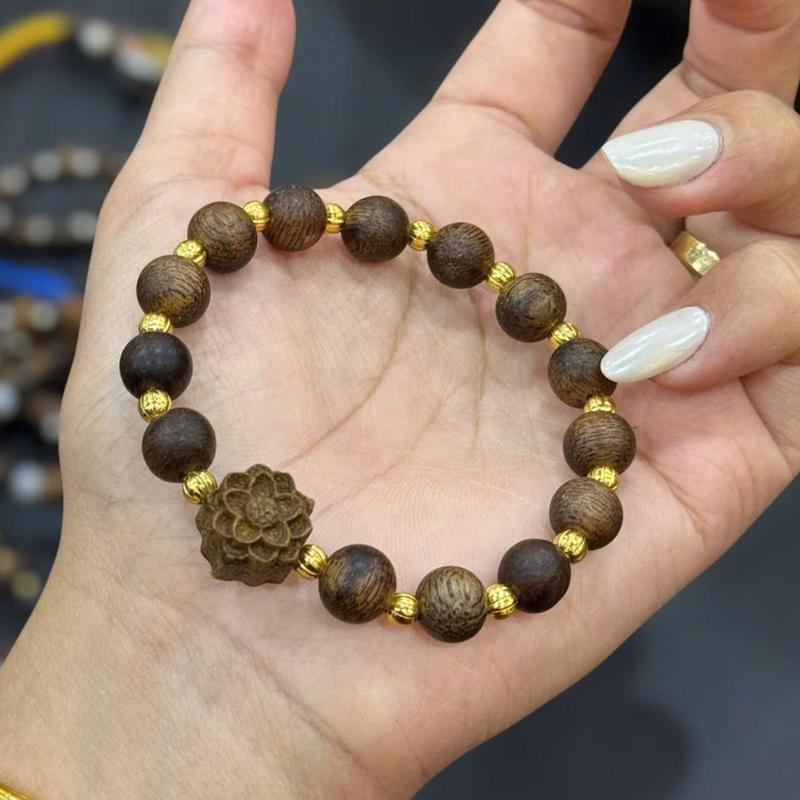 Vòng Trầm Hương Tự Nhiên 8mm Mix Hoa Sen, Trầm Socola Indo Hương Thơm Ngọt Dịu | Trầm Hương Phúc Tử Vi