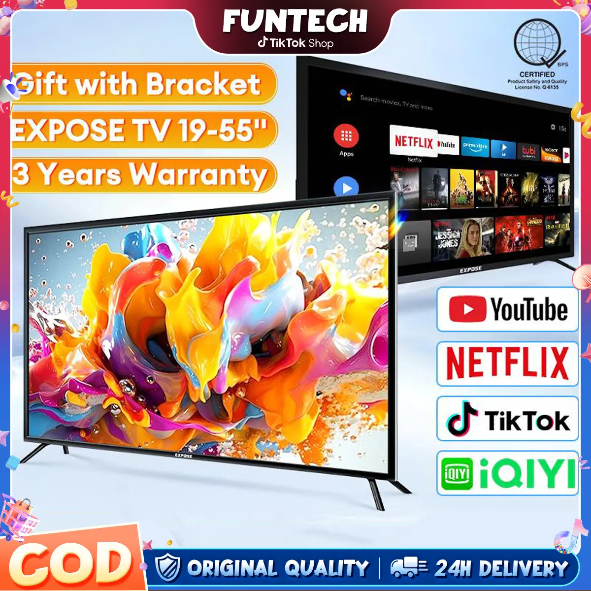 【EXPOSE】Full-Size 19-55 Inch Built-in Netflix/App Store TV Digital/Smart Bluetooth Android TV 4k Ultra-Thin Frameless LCD Screen Smart TV