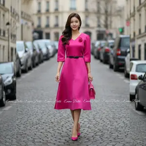 Emma.Butik E00640 Gaun Pesta Putih Sidi Wanita Midi Dress Gereja Kondangan Formal Sidi V-neck Lengan 7/8 Cantik