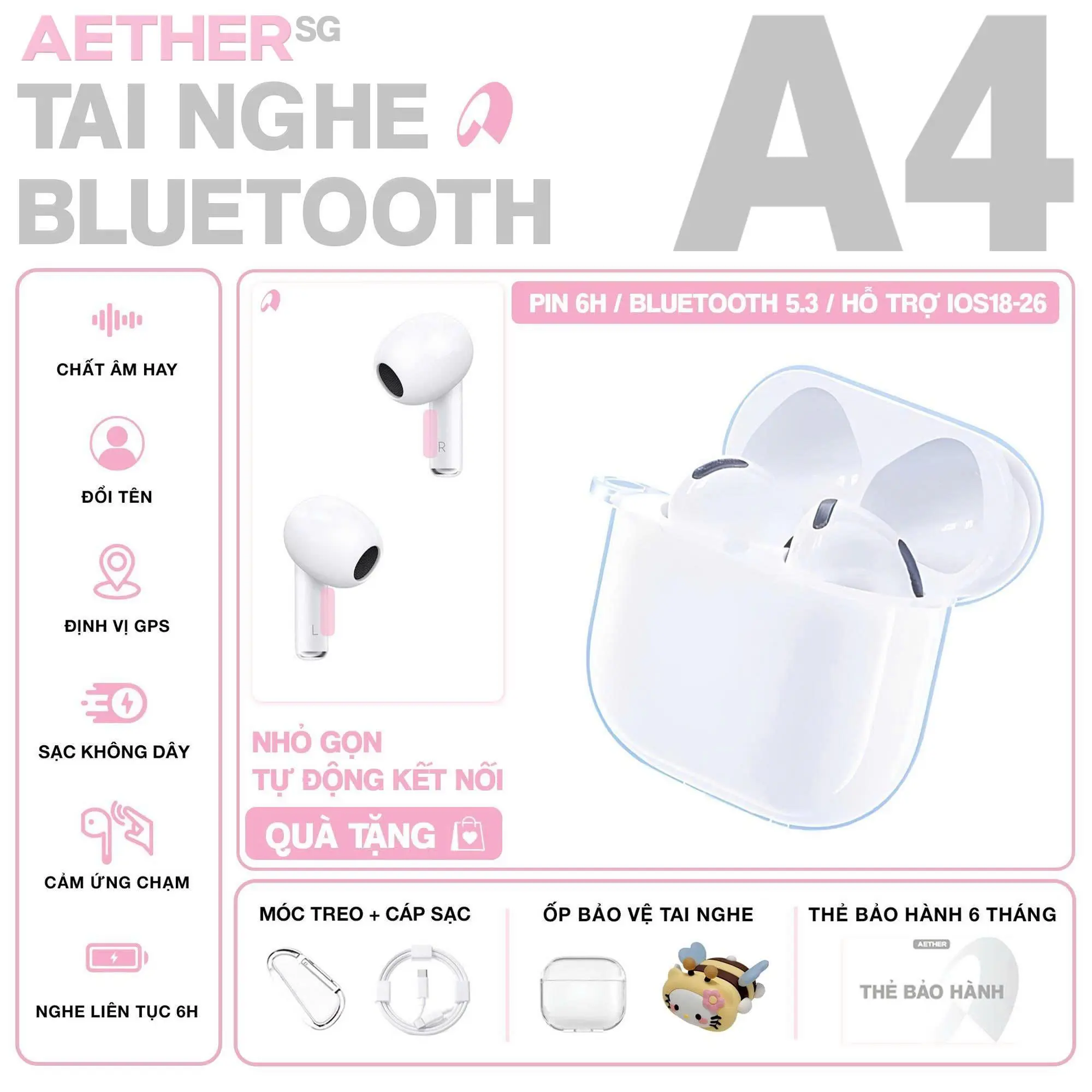 Tai Nghe Bluetooth NZKF A4AETHER, Âm Thanh Nâng Cấp, Tự Động Kết Nối, Bảo Hành 6 Tháng, Pin Trâu 6H, Bluetooth 5.3, Hỗ Trợ iOS 18-26, Tặng Ốp & Cáp Sạc