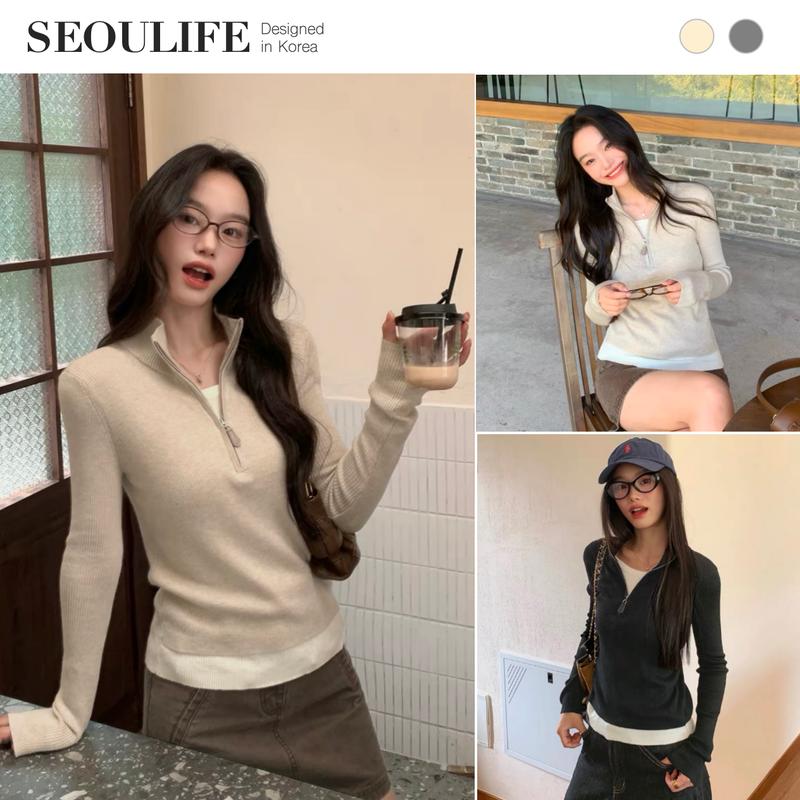 SEOULIFE | Áo cardigan len dệt kim cổ lọ thấp khóa kéo nửa thân phong cách Old Money Hàn Quốc thu đông 2026. Dễ phối đồ đi du lịch, đi làm, hẹn hò. Tôn dáng, tôn da. Mềm mại, thoải mái, giữ ấm. Màu yến mạch và xám.