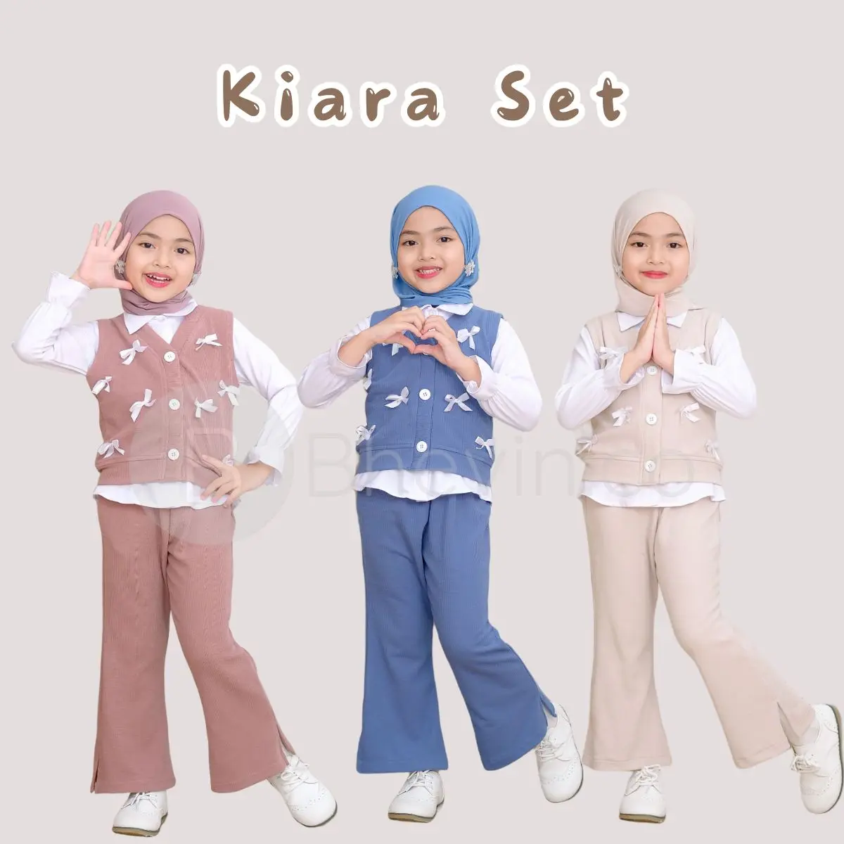 Kiara Set 3in1 Setelan Anak Perempuan Korean Style Tali Pita 3-10 Tahun / Oneset Knit Celana
