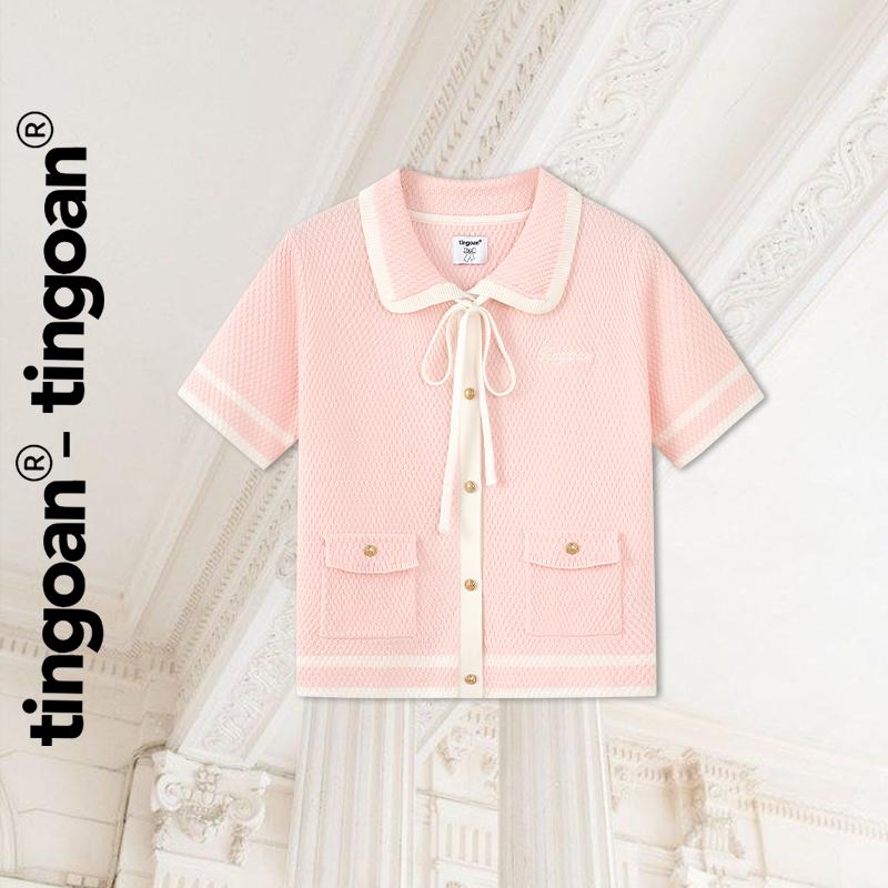 TINGOAN - Áo len hồng cổ bẻ phồi viền trắng EVIE TOP/PK