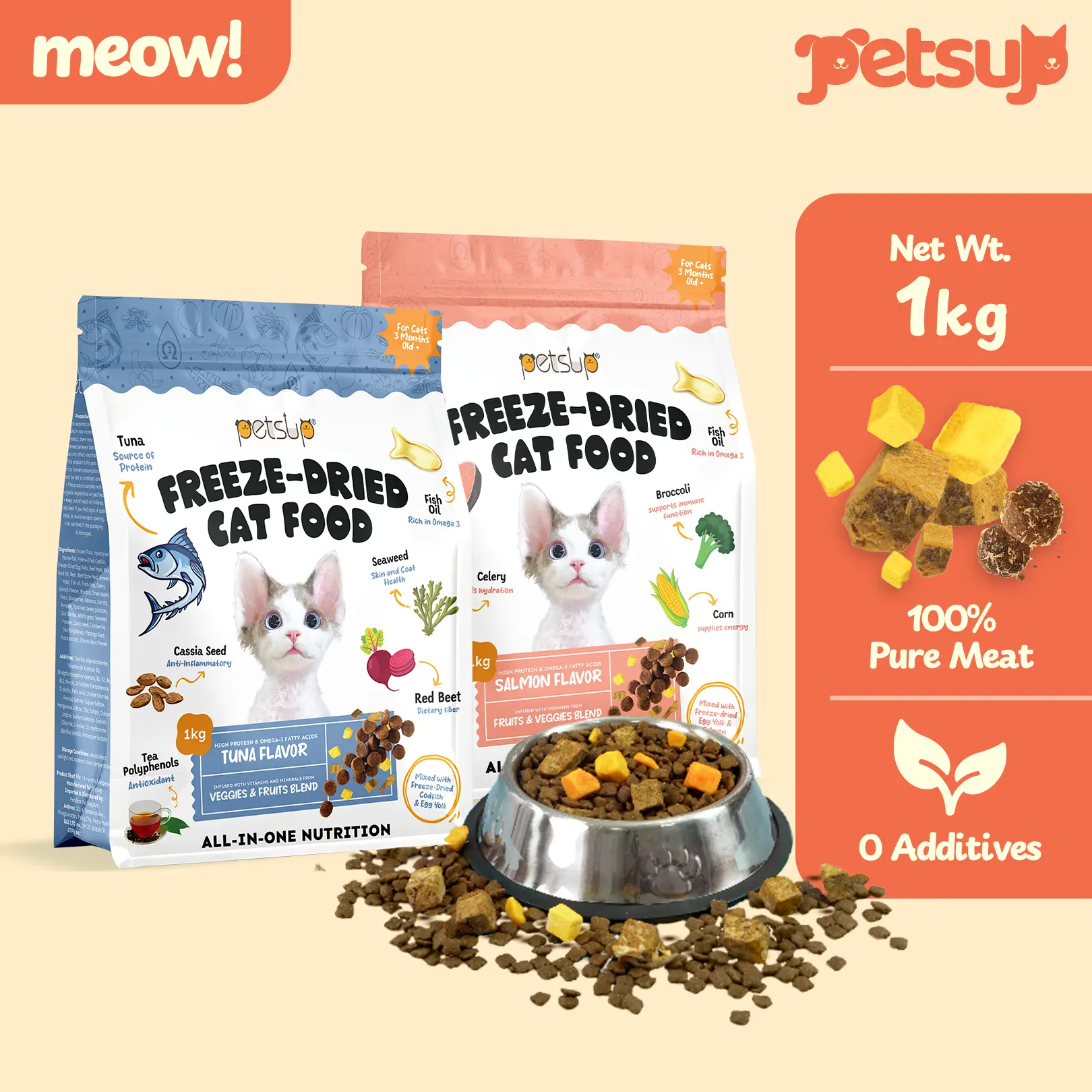 Petsup Dry Cat Food Cat Treats Freeze Dried Cat Food 1kg - Salmon Tuna Egg Yolk for Adult and Kitten All Stage All Breeds
