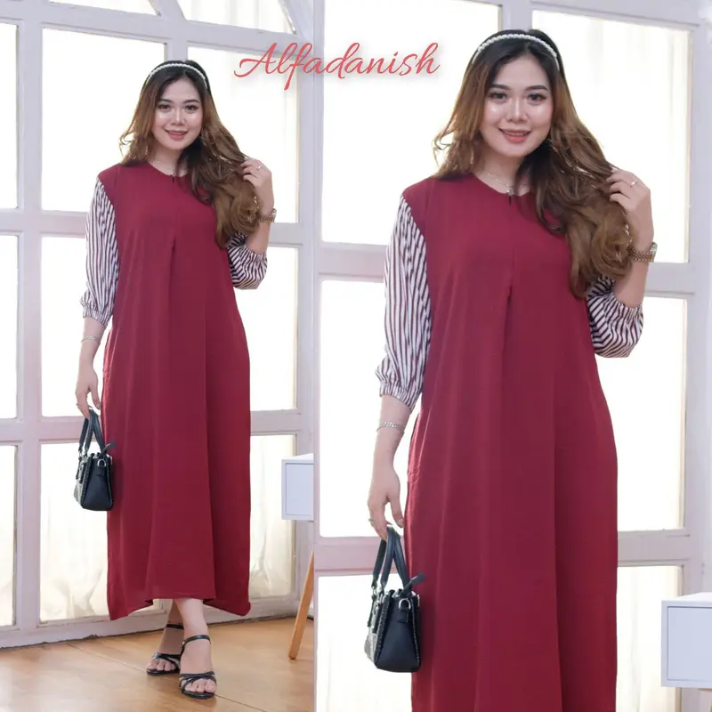 Nayla Dress Airflow Crinkle Kombinasi Rayon Premium Lengan 7/8 Resleting Busui Tali Samping Ibu Nyaman Panjang Tangan Casual Gaun Kaki Midi Gamis Basic Variasi Semata Midi Dress 1