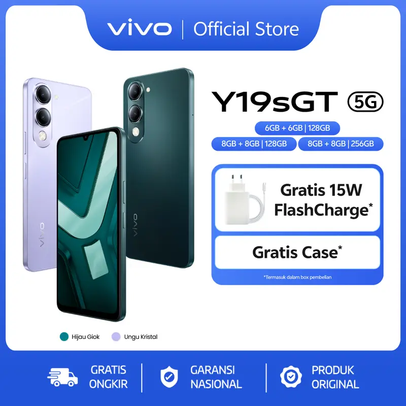 [Online Exclusive] vivo Y19sGT 5G - Dimensity 6300 5G, 5500mAh Tahan Lama, NFC Multifunctions, Tahan Banting & Hujan, 50MP Kamera Utama, AI Erase