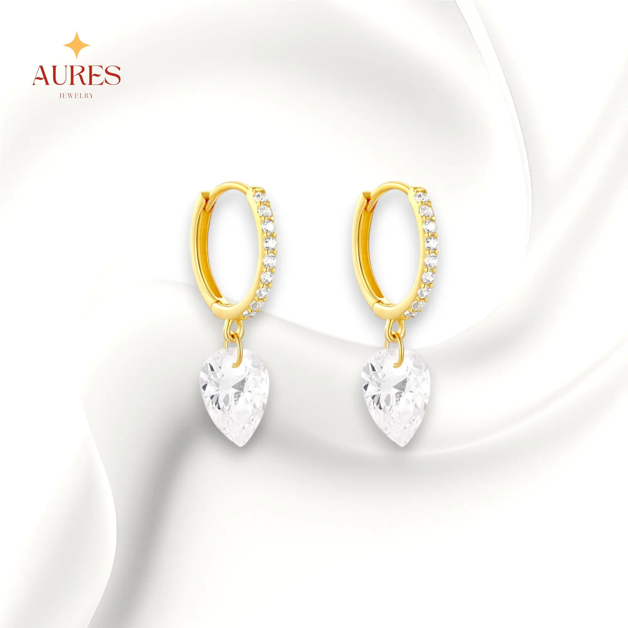 [AURES JEWELRY] Aurum Earring - Sterling 925 Silver, 18K Gold Plated Geometry Heart Zircon
