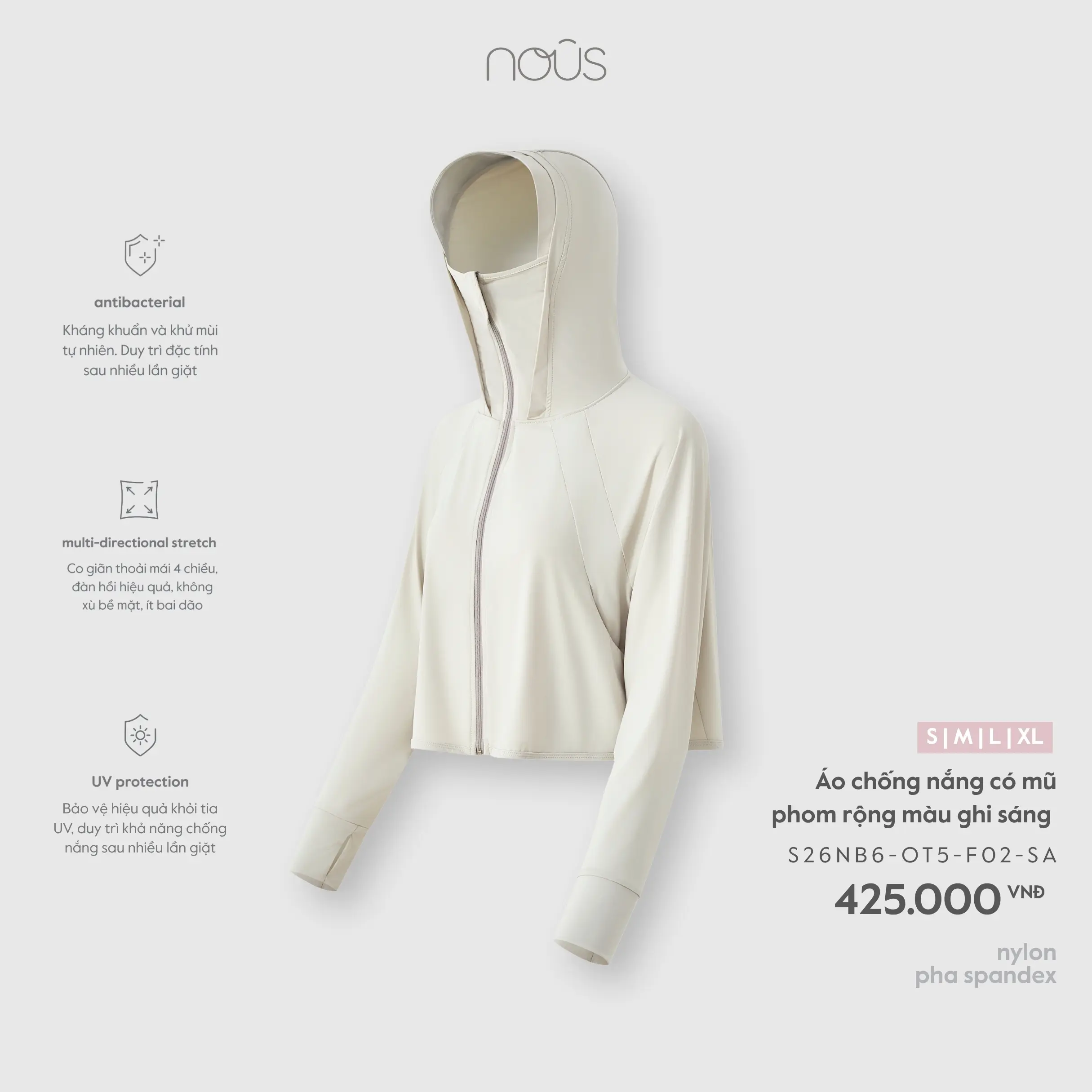 Áo chống nắng có mũ phom rộng màu ghi sáng Nous