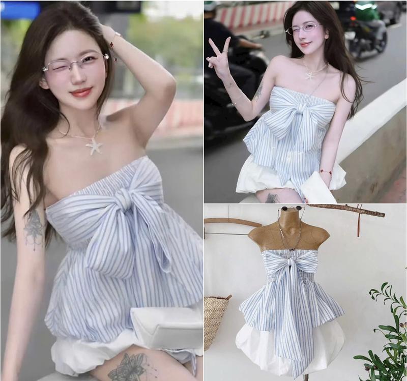 Sét áo bí linen sọc phối dây cột nơ ngực kèm chân váy bí xinh xắn hottrend có mút