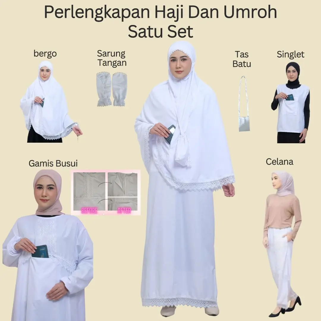 Perlengkapan pakaian Ihrom Paket Haji Dan Umroh Gamis Bergo Singlet Celana Sarung Tangan Tas Batu Jumroh