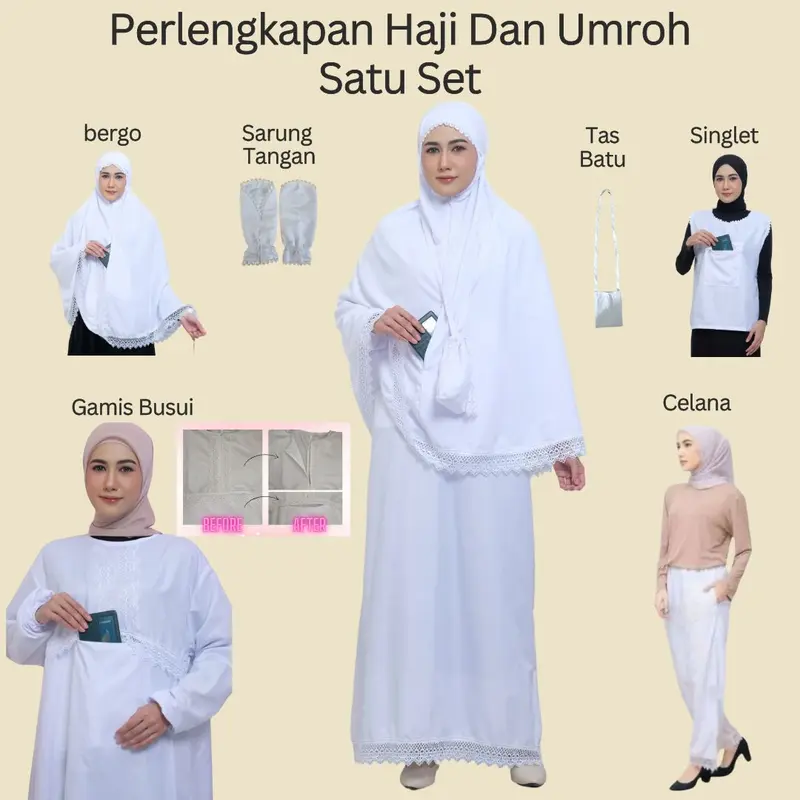 Perlengkapan pakaian Ihrom Paket Haji Dan Umroh Gamis Bergo Singlet Celana Sarung Tangan Tas Batu Jumroh 0