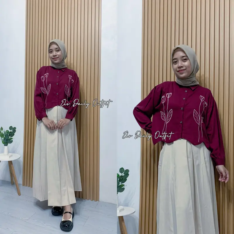 Camary Flower Shirt Kemeja Rayon Twill Bordir Bunga Atasan Wanita Crop Lengan Panjang OOTD Remaja Dewasa Kekinian 3