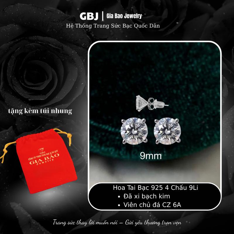 [1 ĐÔI] Hoa Tai Bạc Nụ 4 Chấu (chốt đẩy) 9Li Thanh Lịch Phong Cách Unisex GBJ082