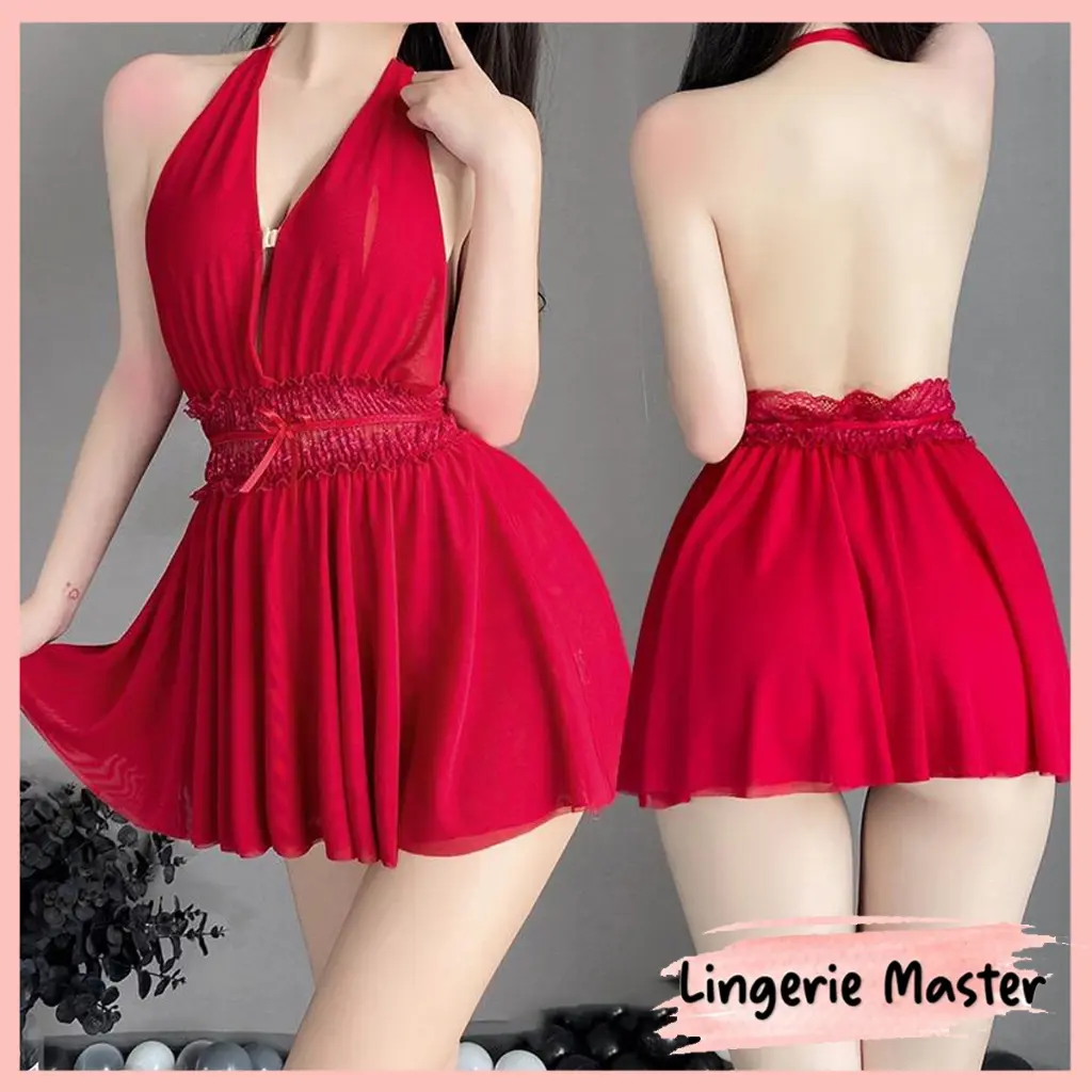 [ LINGERIE MASTER ] - (L-57) Lingerie Sexy Hot Halter Neck Perspective Renda Dress Baju Tidur Lingerie Set 995
