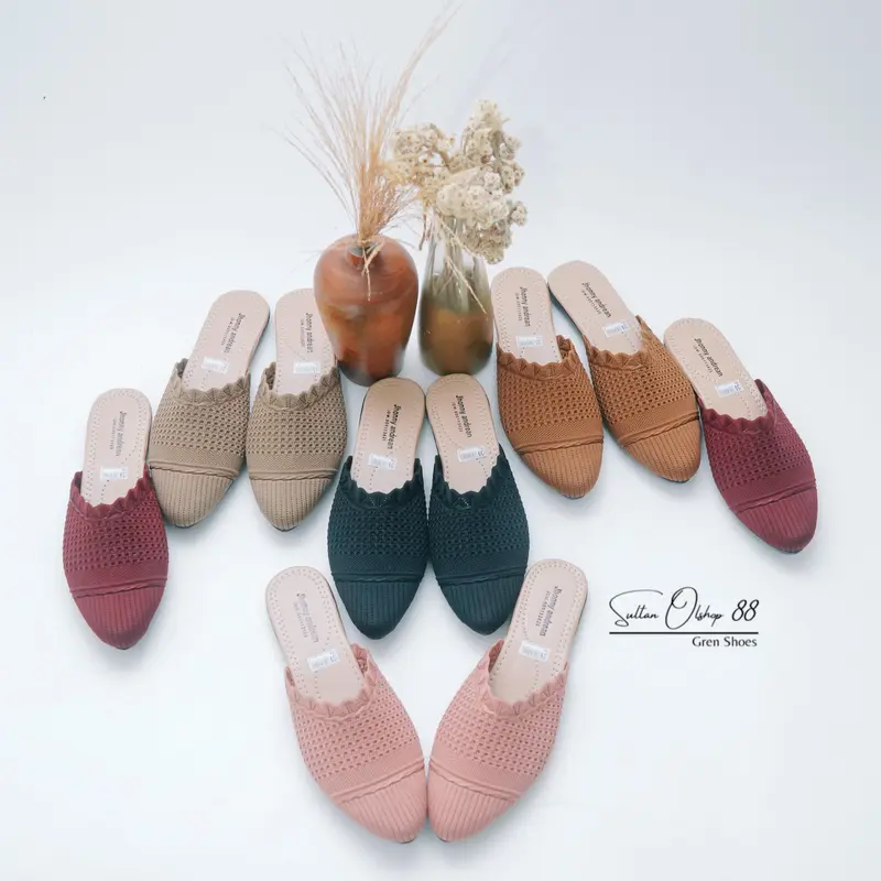 Slip On Mules Sandal Sepatu Rajut Wanita Hak Datar Karet Kasual 7