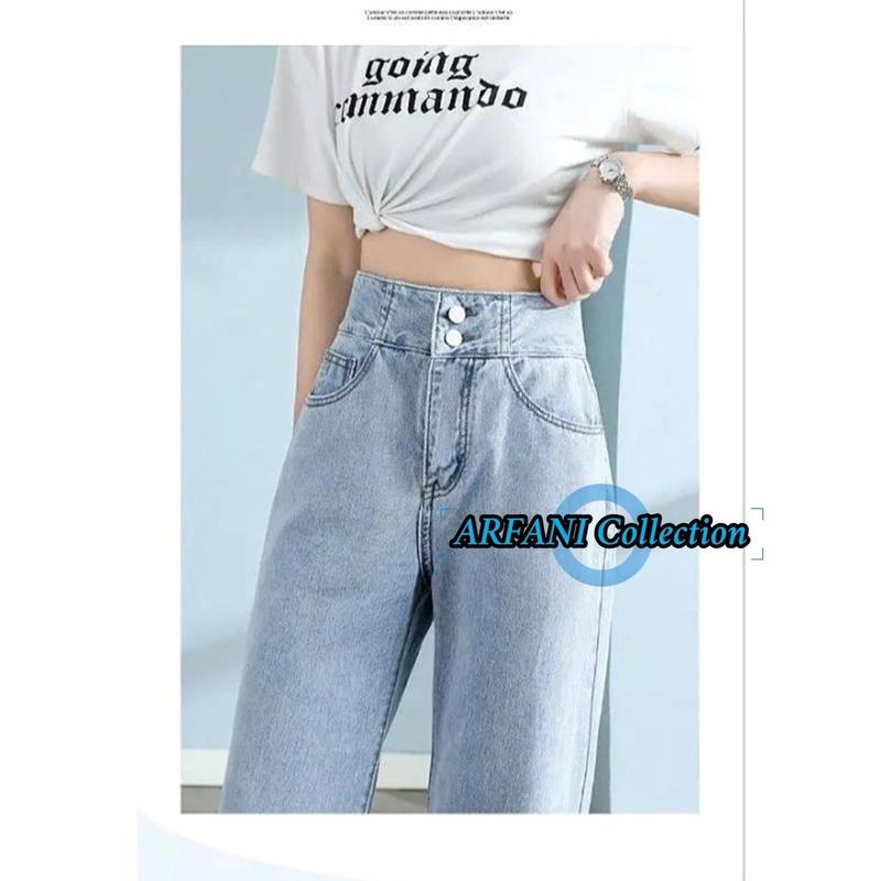 Arfani Collection J23 Celana Panjang Highwaist Kulot Silang Jeans Wanita Double Button 2 Kancing J23 - Variasi 3
