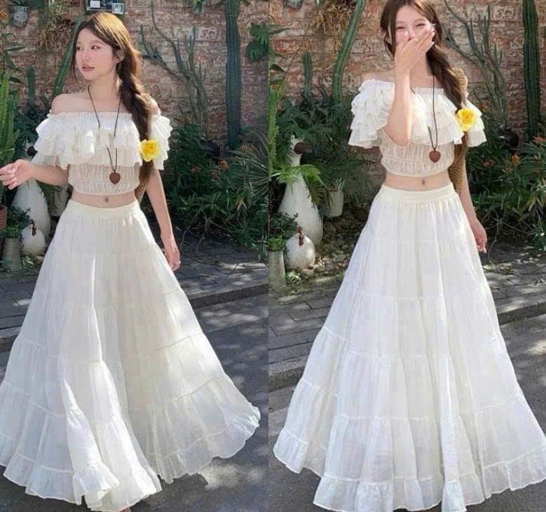 Set áo croptop trễ vai bèo phối chân váy dài xòe NTV BELEZA