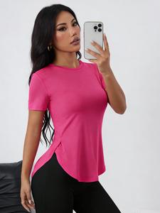 Camiseta de mujer de color sólido con alta elasticidad, cuello redondo y manga corta; ideal para uso casual al aire libre, entrenamiento en gimnasio, uso diario y para el desplazamiento.