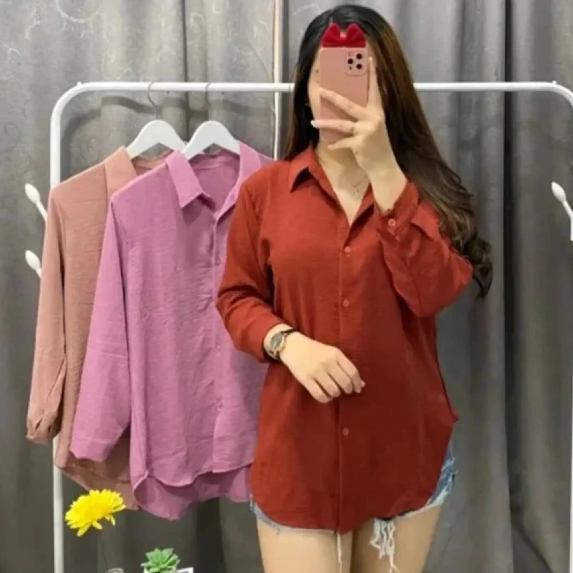 Blouse Kemeja Polos Wanita Kerja Kantor Casual Atasan Wanita Basic Oversize Formal Crinkle Airflow Panjang Tangan Kancing