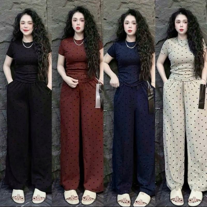 Sét bộ họa tiết trái tim áo nhún phối quần ống suông gu sang thời trang