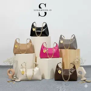 [Spesial Live] HkTas x Suhamoon - Kitty Glossy Mini Sling Bag Rantai / Tas Selempang Wanita Minimalis Kulit PU / Miniatur Shoulder Bag Free Charm Bag / Free Bag Strap