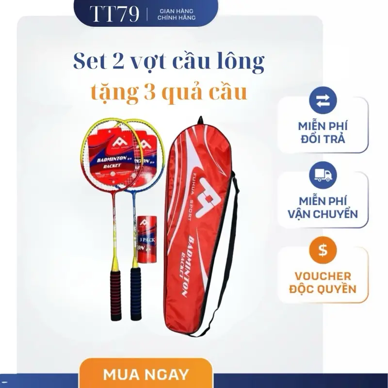 Set 2 vợt cầu lông nội địa trung kèm bao đựng tặng hộp 3 quả cầu Cán Vợt Sport