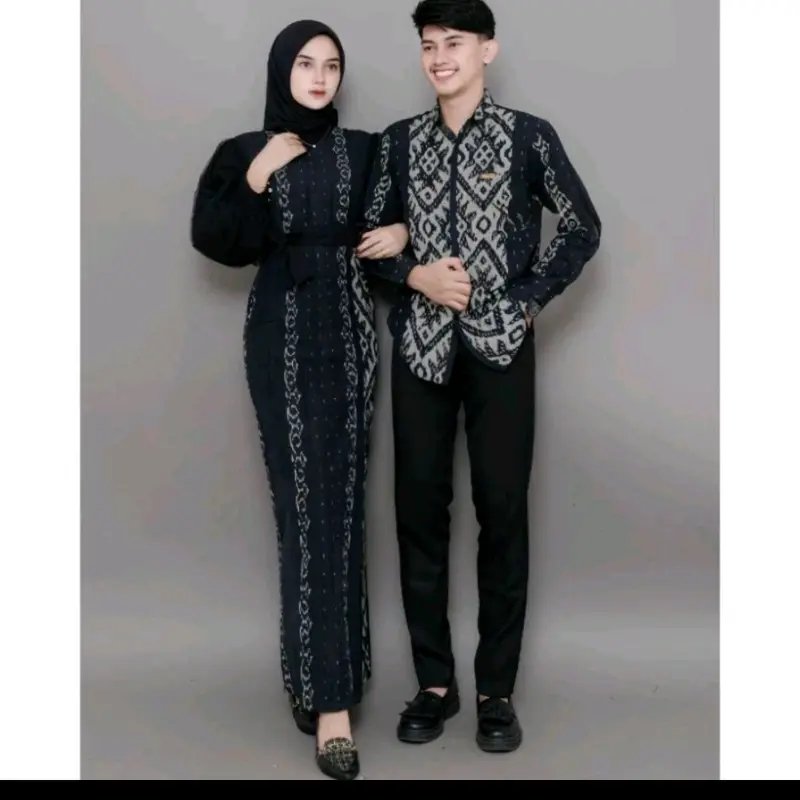 Isaba Dress Padma Couple Tenun Kondangan Lamaran Gamis Muslimah Kombinasi Katun Tile Batik Kemeja Pria Lengan Panjang Baju Pesta Pasangan Keluarga Sarimbit Hitam Seragam Kain 2