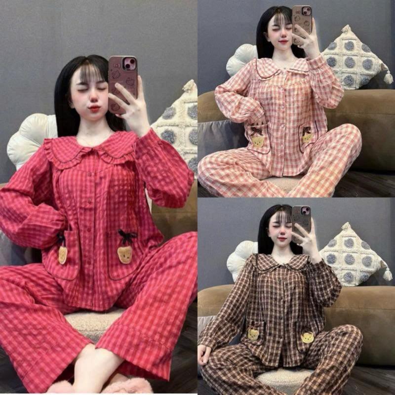  Đồ Bộ Tay Dài Tiểu Thư Chất Đũi Vân Nhung Set Bộ Kẻ Caro Đồ Bộ Nữ Mặc Nhà Bigsize Ngủ Dễ Thương  MS478 Top Women 