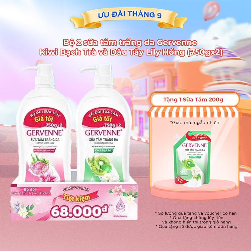   Chảnh Beauty   Tặng Túi 450g  Bộ 2 sữa tắm trắng da Gervenne Kiwi Bạch Trà và Dâu Tây Lily Hồng  750gx2  + Tặng 1 túi 450g  Quà không hiện giỏ  