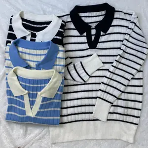 Polo Knit Stripe Basic Atasan Wanita - Atasan Polo BB 40KG - 65KG