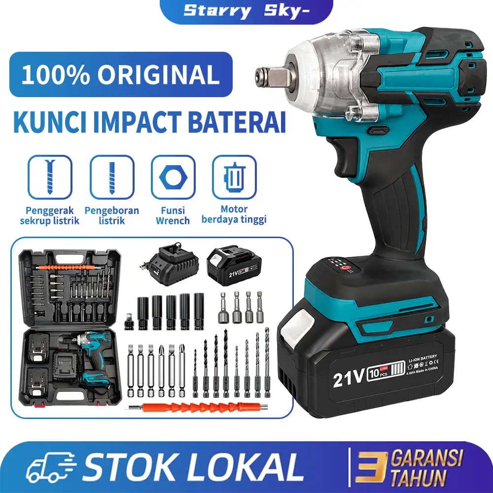 MAKlTA Kunci Impact Baterai 21V 550Nm Brushless Motor dengan Lampu LED, Lengkap Mata Bor, Mata Obeng, Mata Kunci Shock Hex & Mata Kunci Shock Panjang, Cocok untuk Bor dan Membuka Berbagai Baut, Garansi 3 Tahun