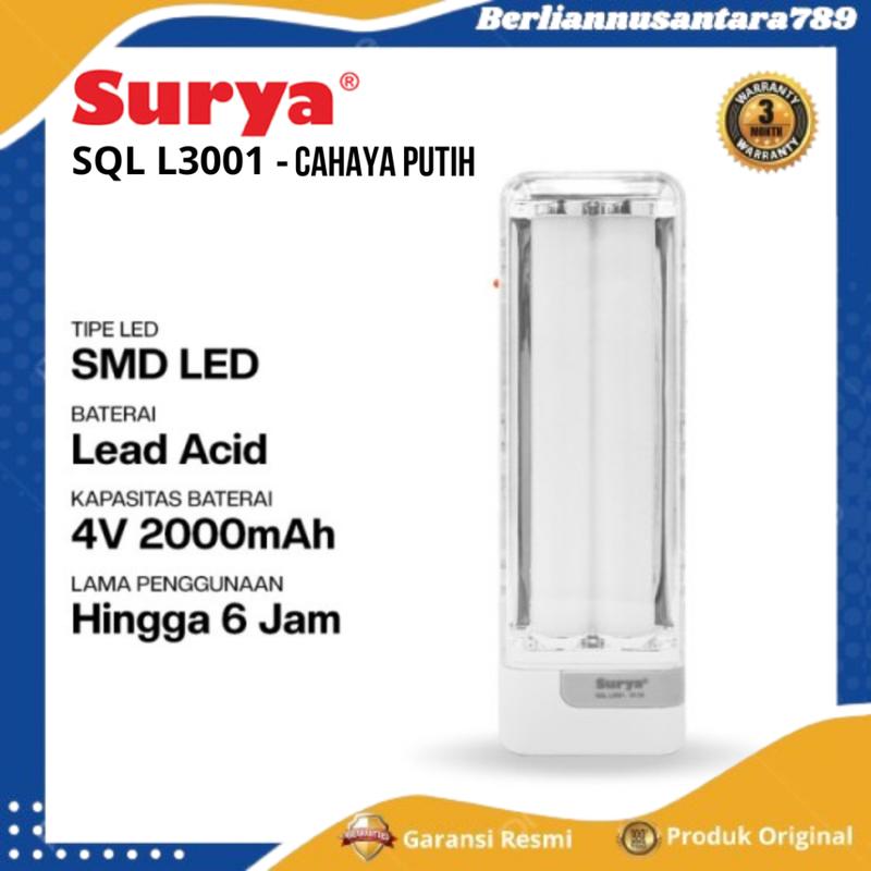 SURYA LAMPU SENTER EMERGENCY LED SQL L3001 CAHAYA PUTIH RECHARGEABLE ...