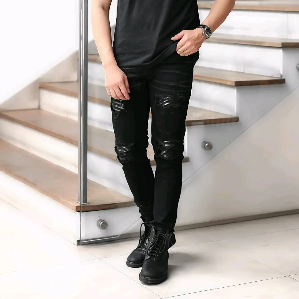 VIRREL.ID - BLACK NOIRE - Celana Jeans Panjang Pria - Ripped Leather Patch Skinny