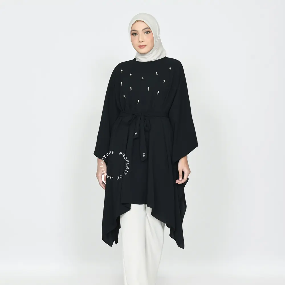 Haseena - Haifa Tunik Premium Aksen Payet // Baju Atasan Wanita Tunik Melayu Batwing Muslim Hitam