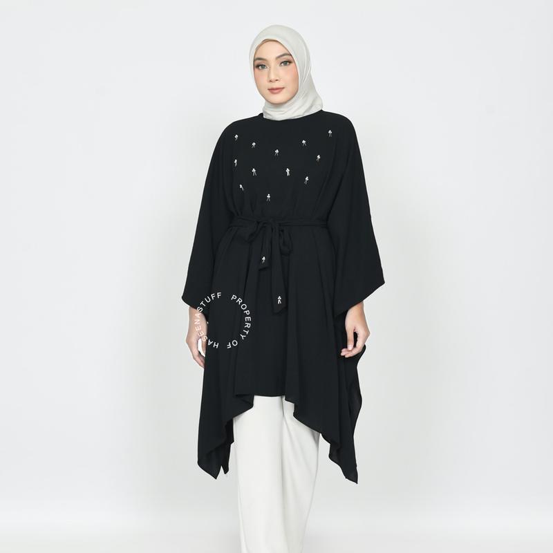 Haseena - Haifa Tunik Premium Aksen Payet // Baju Atasan Wanita Tunik Melayu Batwing Muslim Hitam 0