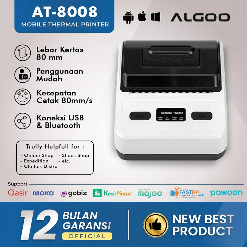 ALGOO AT 8008 Printer Thermal Struk Nota Bluetooth Dengan Baterai 3