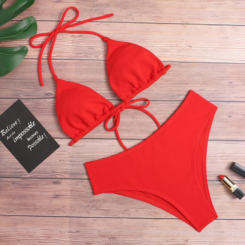 Solid Color Bandage Bikini Women's Split High Waist Swimsuit 0