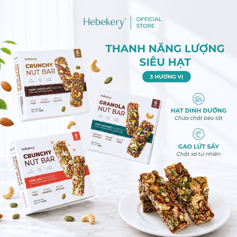 Thanh Năng Lượng Siêu Hạt 3 Vị Muối Hồng, Dark Choco, Rong Biển - Hộp 6 Thanh 150gr - Thành Phần Dinh Dưỡng Từ GẠO LỨT SẤY, Vị Ngọt Thanh Dịu Từ MẬT ONG & MẬT THỐT NỐT - Snack Ăn Vặt Healthy Dinh Dưỡng