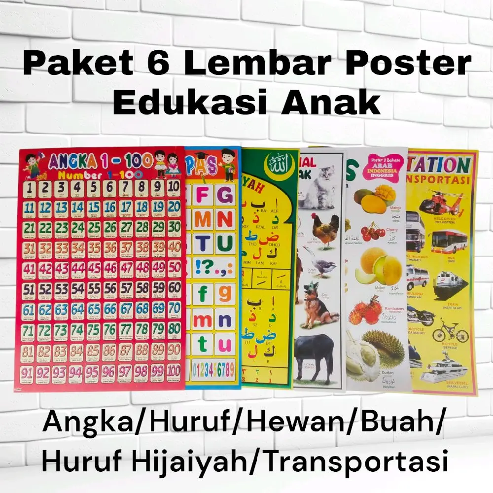Paket 6 Lembar Poster Edukasi Angka 1-100/  StationeryHuruf Lepas /Hijaiyah /Buah /Hewan/Transportasi.