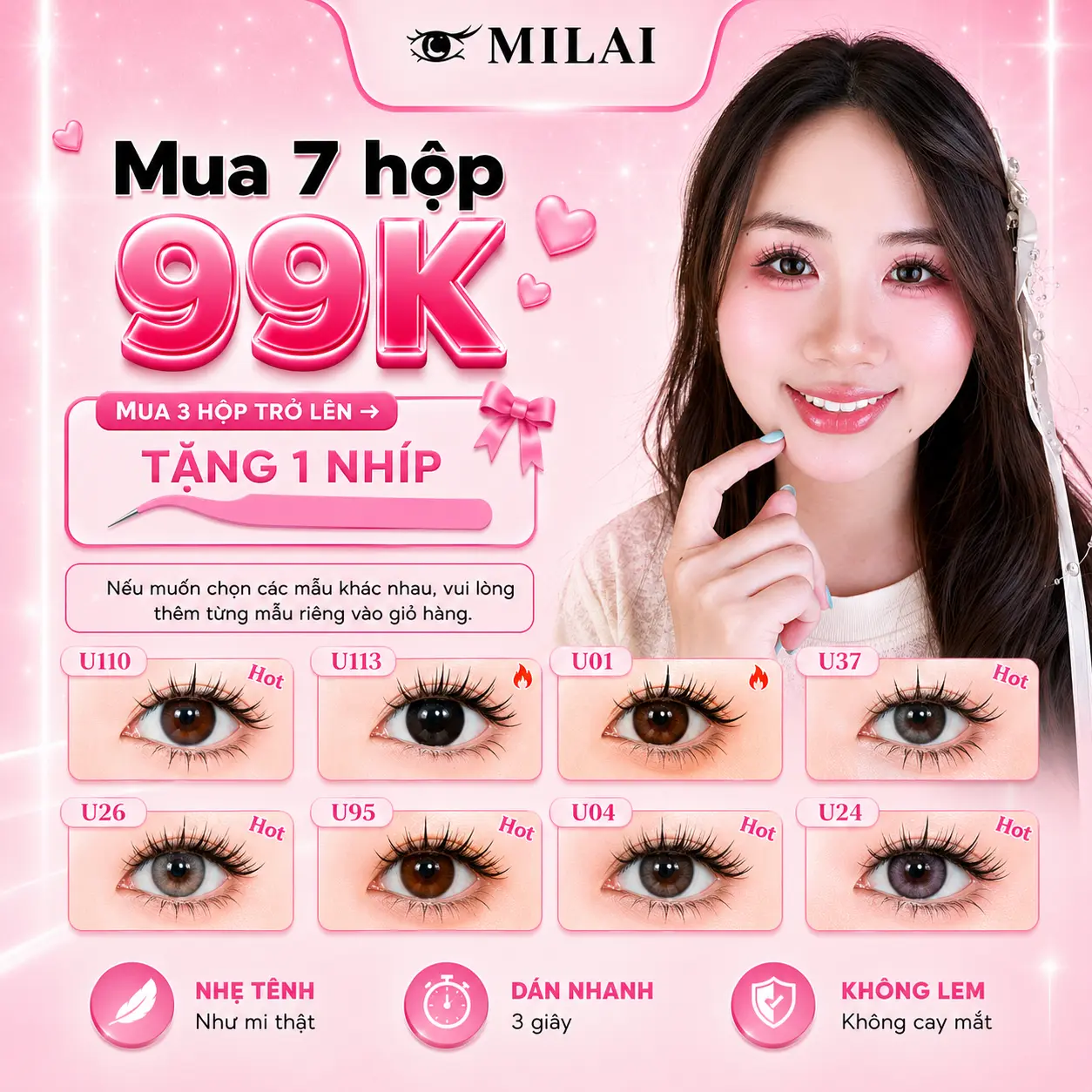 MILAI Mi giả tự dính | Tự nhiên, dày đẹp | 7 hộp chỉ 99K – 4 hộp chỉ 65K | Mua từ 3 hộp tặng nhíp | Chọn nhiều mẫu