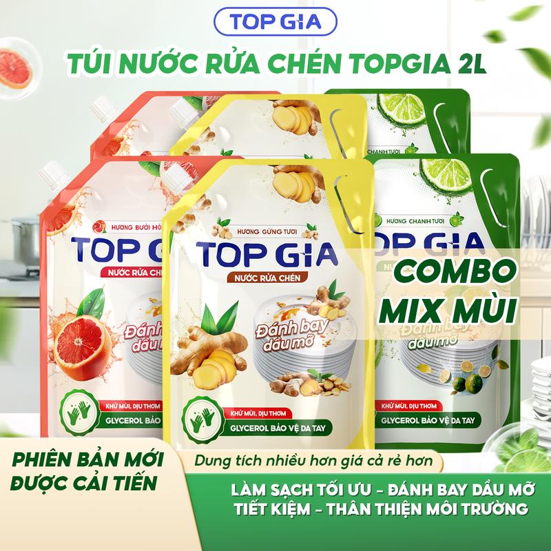  DUNG TÍCH KHỦNG 6L  Combo Nước Rửa Bát TOPGIA – 3 Túi 2Lít Hương Thơm Tự Nhiên Chanh -Bưởi-Gừng – Siêu Tiết Kiệm Dùng 1 Năm Dầu rửa bát chén - TOPGIACLEAN 